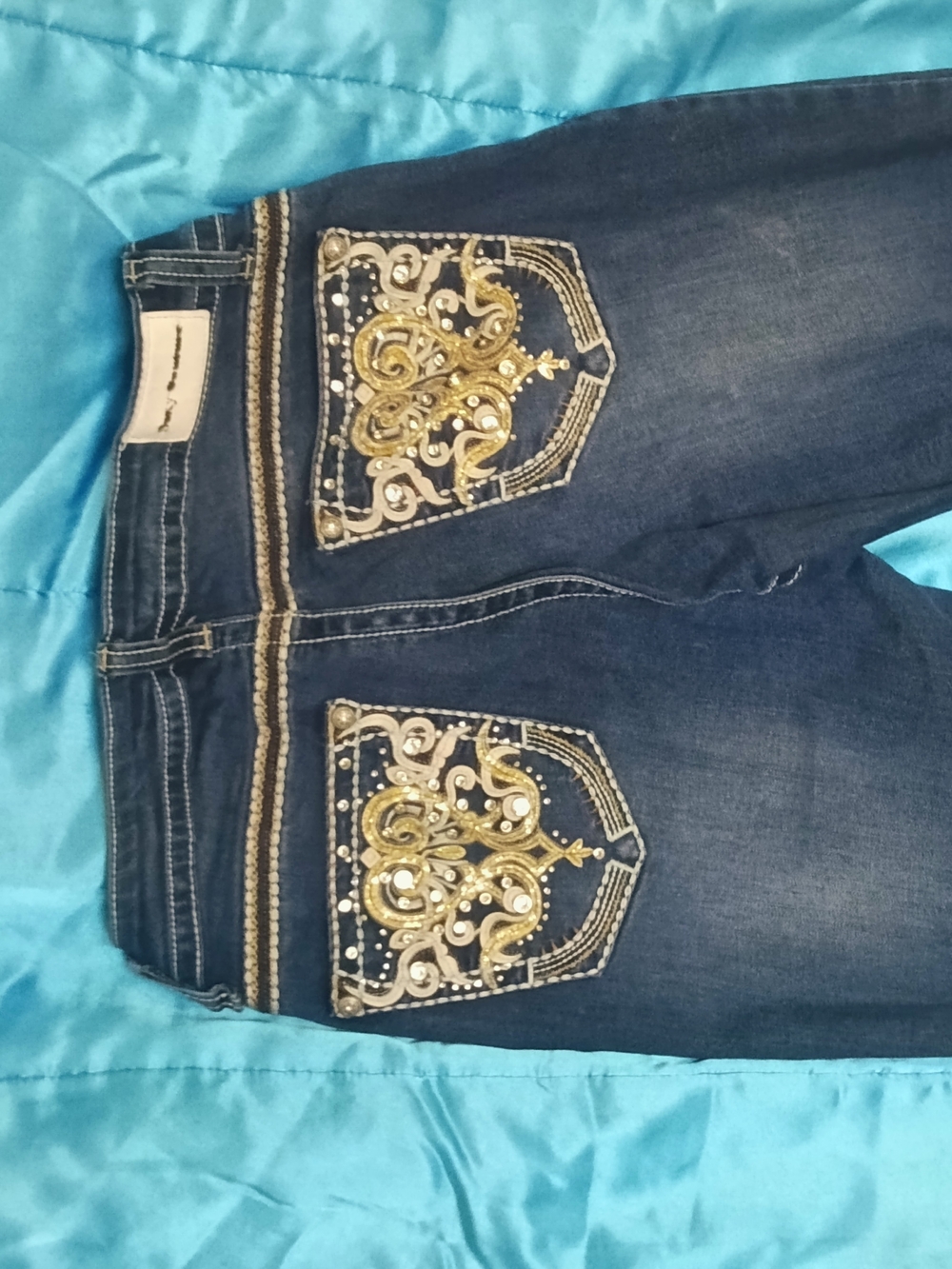Women's Sexy Couture Dark Blue Boot Cut Jeans with Gold Embellished Back Pockets
